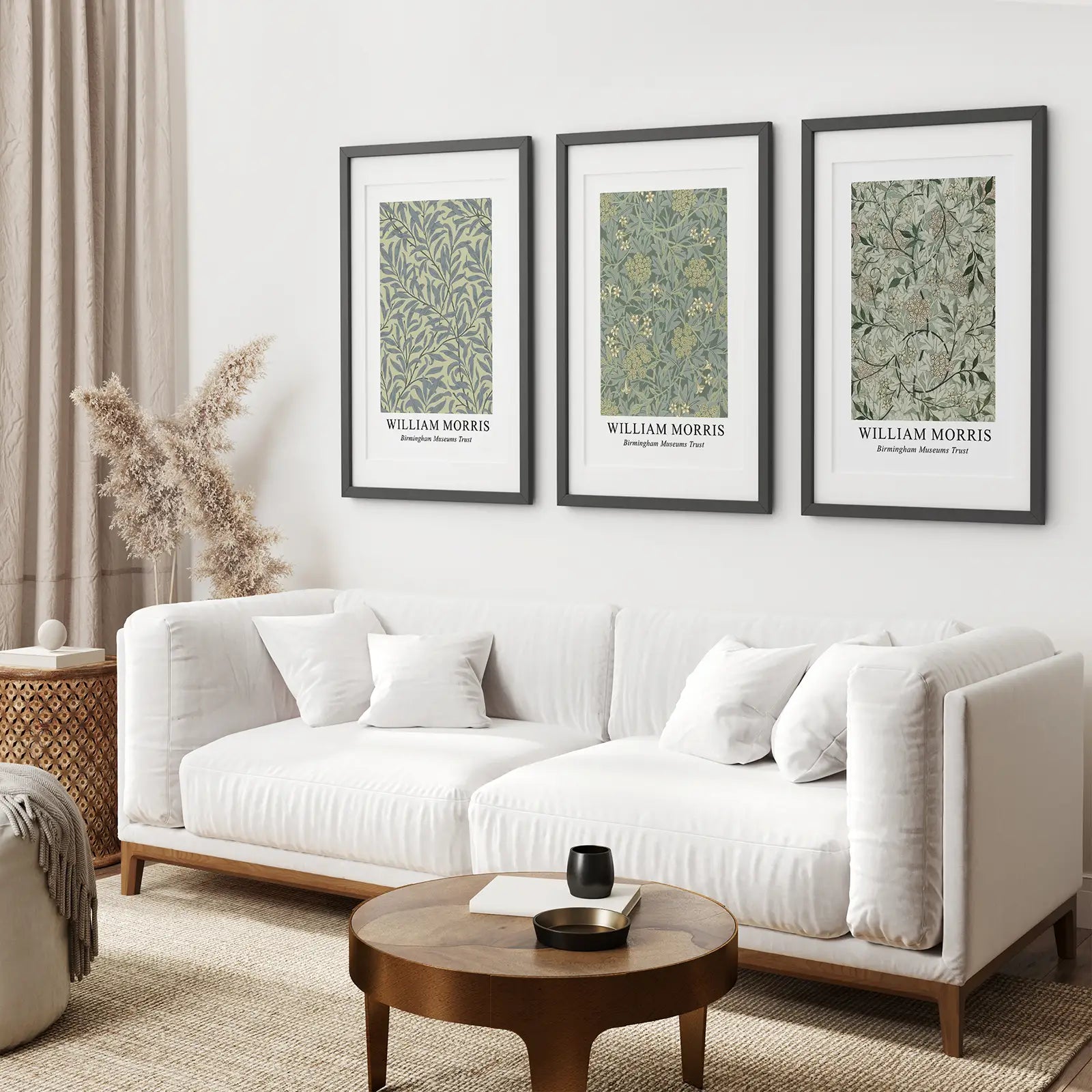 Set of 3 Posters William Morris Decor. Black Frames with Mat Above the Sofa.