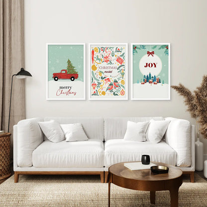 Trendy Xmas Red Truck Poster Art Set Decor. White Frames Over the Coach.