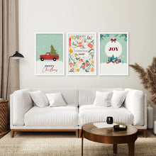Load image into Gallery viewer, Trendy Xmas Red Truck Poster Art Set Decor. White Frames Over the Coach.

