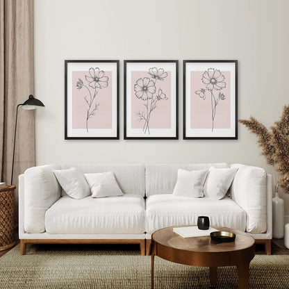 Best Seller Flower Print Poster Art Set. Black Frames Over the Coach.