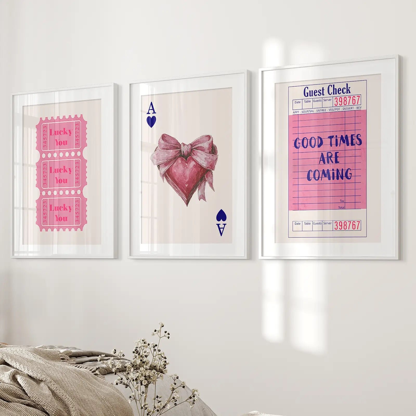 Red Heart Girly Decor Printable Wall Art Set. White Frames with Mat for Bedroom.