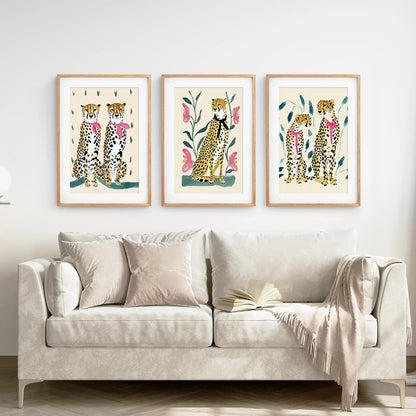 Colorful Leopard Printable Art Decor Poster. Thin Wood Frames with Mat Over the Couch.