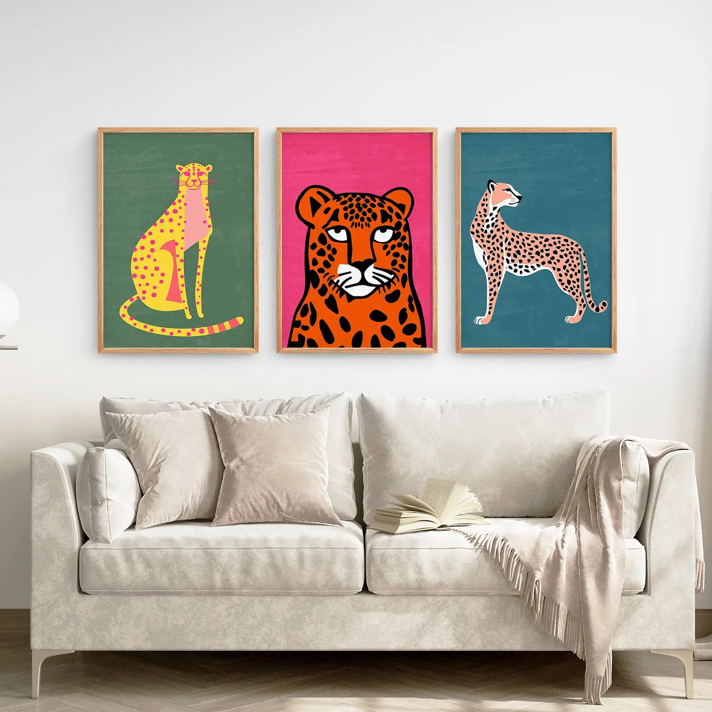 Leopard Jungle Painting Wall Art Set. Thinwood Frames Over the Coach.