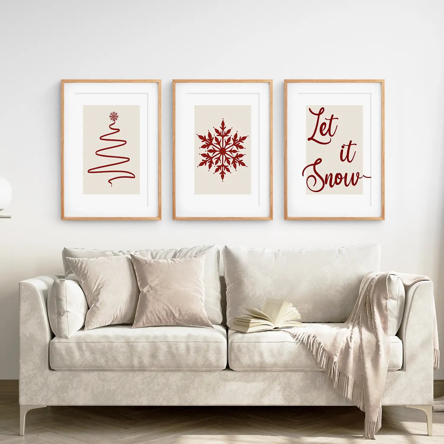 Snowflake Home Decor Xmas Set of 3 Prints. Thin Wood Frames with Mat Over the Coach.