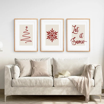 Snowflake Home Decor Xmas Set of 3 Prints. Thin Wood Frames with Mat Over the Coach.