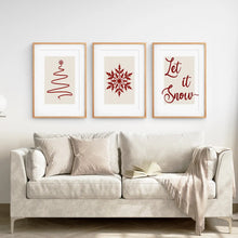 Load image into Gallery viewer, Snowflake Home Decor Xmas Set of 3 Prints. Thin Wood Frames with Mat Over the Coach.
