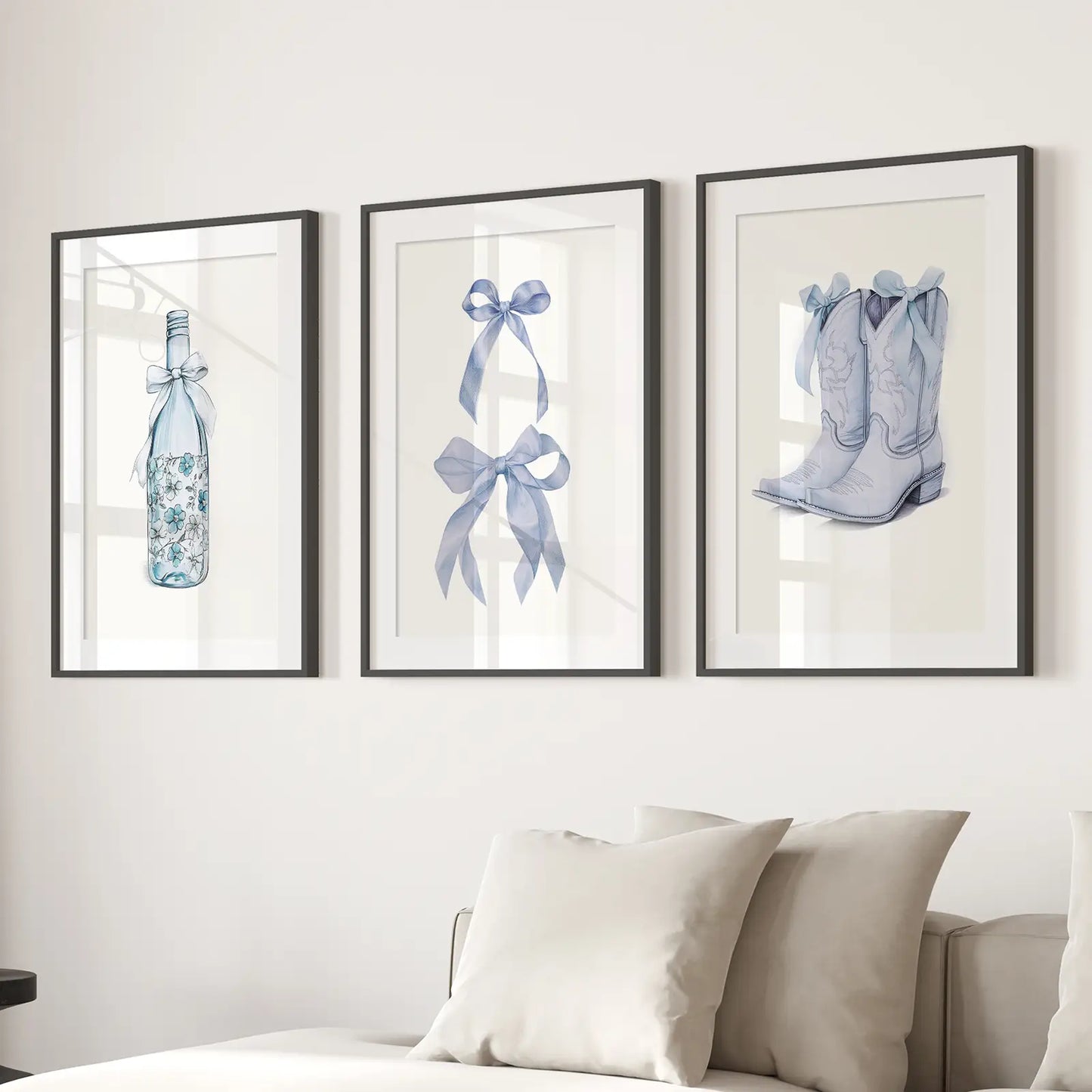 Set of 3 Prints Room Decor Modern Wall Art. Black Frames with Mat Above the Sofa.