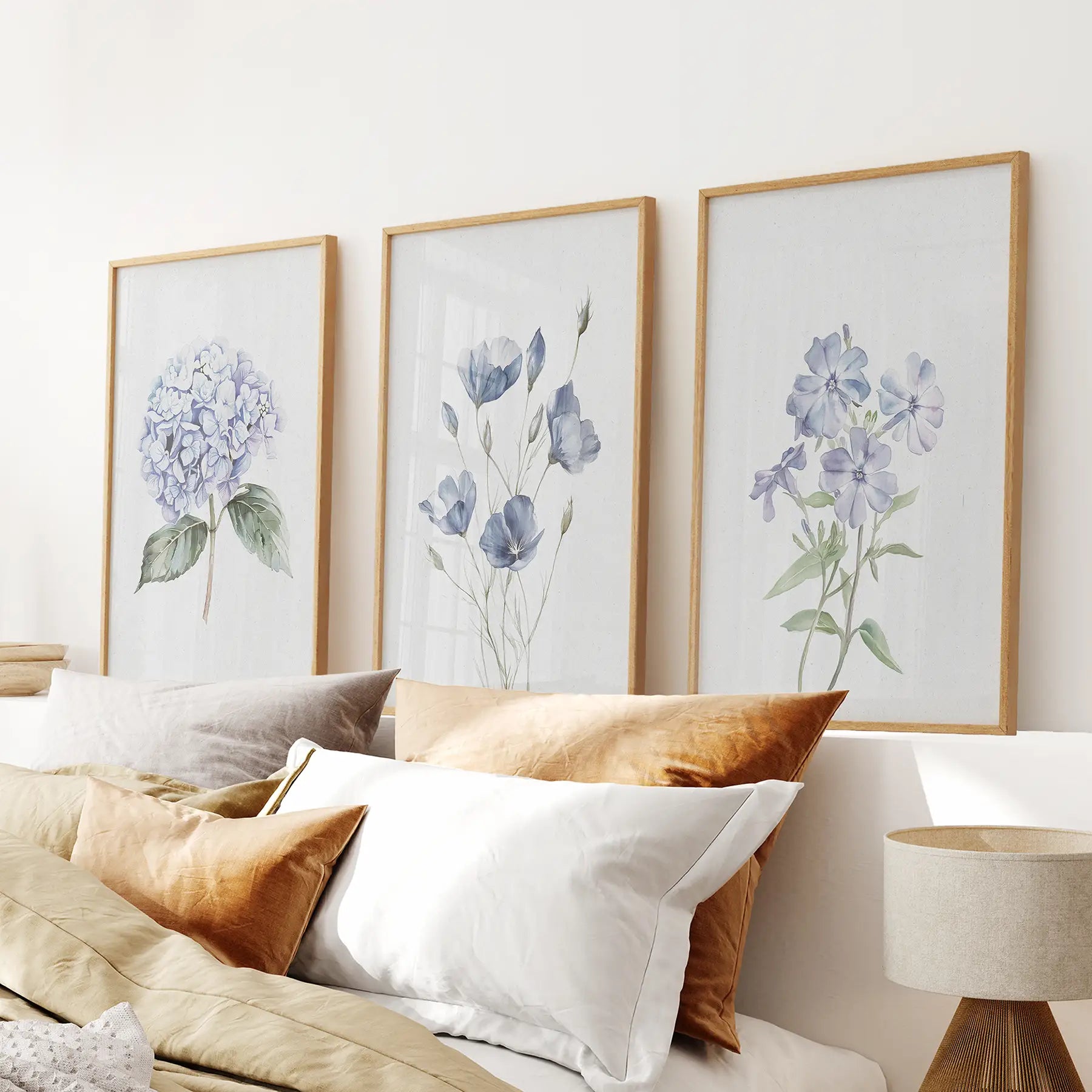 Watercolor Hydrangea wall decor modern art prints. Thinwood frames above the bed.
