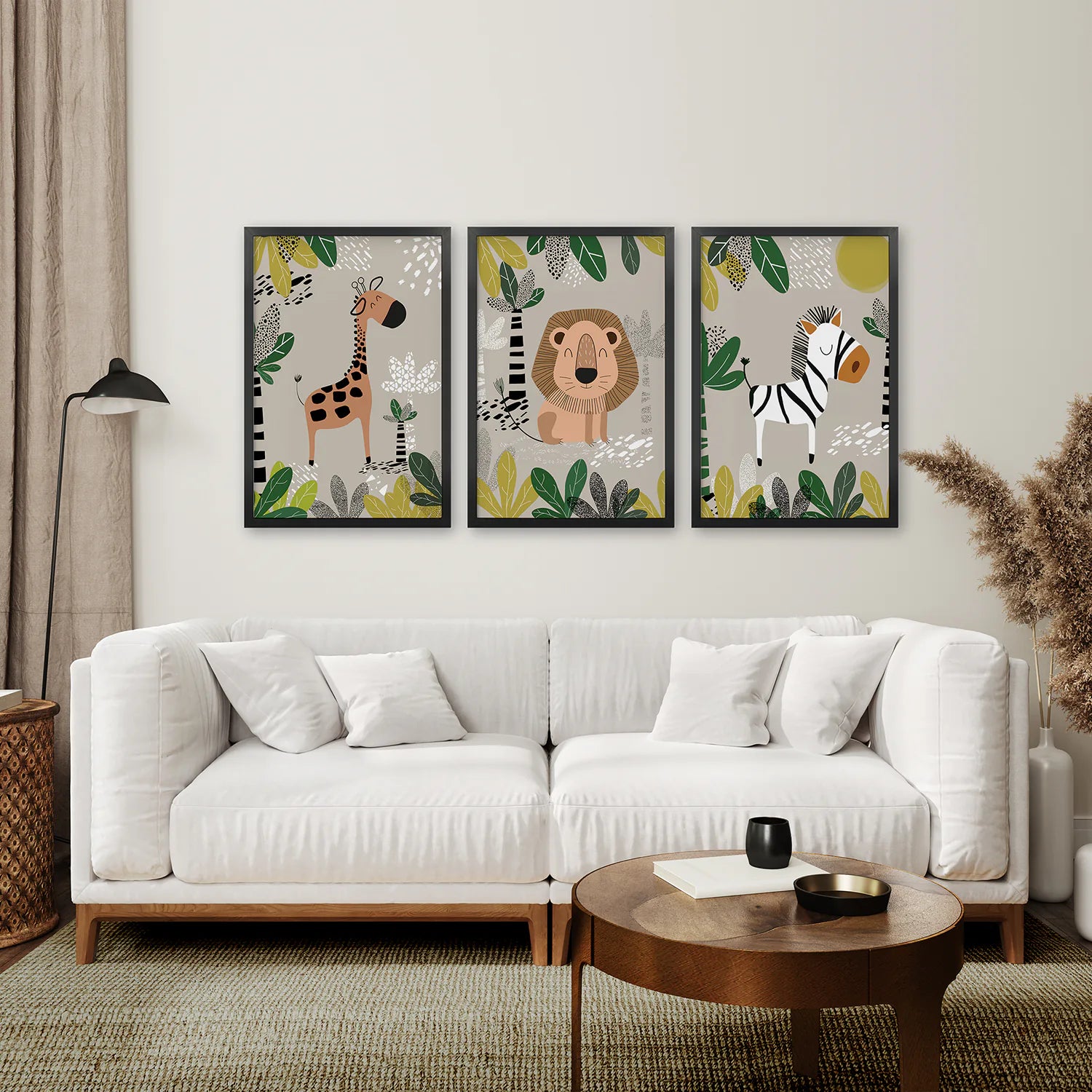 Kids Wall Art. Lion Safari Art Poster. Black Frames Above the Sofa.