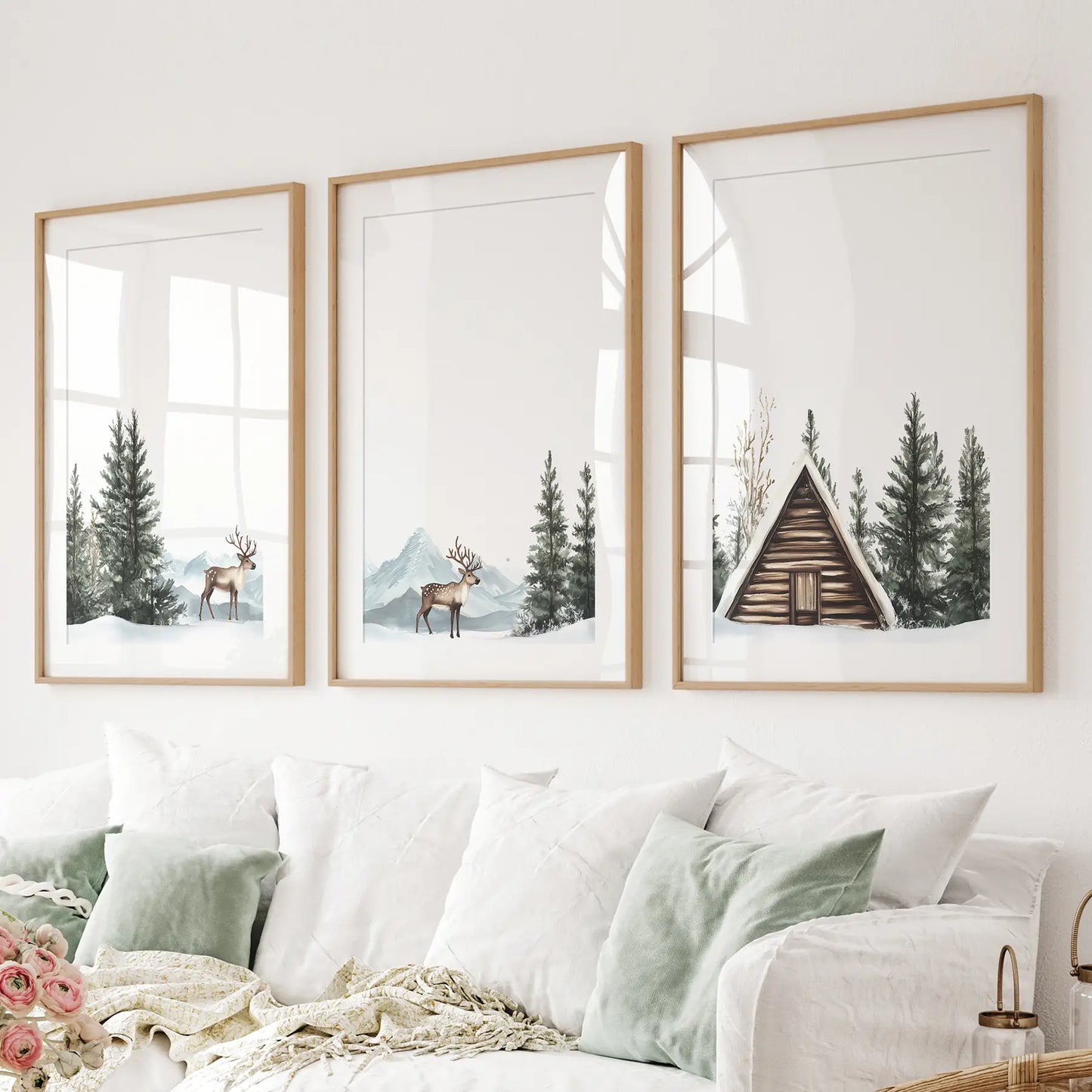 Holiday wall art with deer and pine trees. Minimalist woodland wall art. Thinwood frames with mat for living room.
