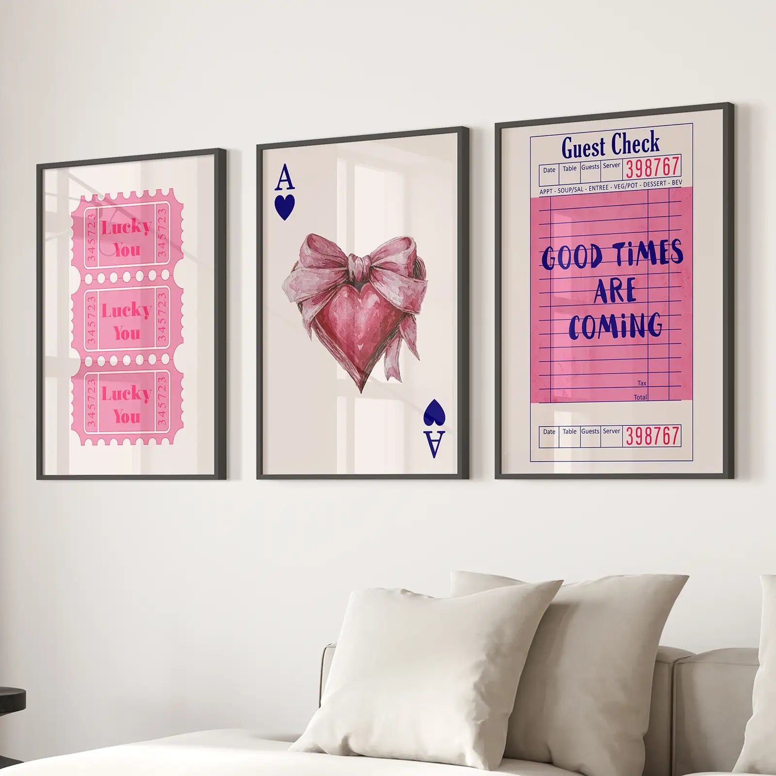 Preppy Wall Art Teen Girl Room Decor Posters. Black Frames Above the Sofa.