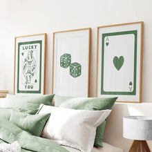 Load image into Gallery viewer, Sage Green Playing Card Set of 3 Prints. Thin Wood Frames with Mat Over the Bed.
