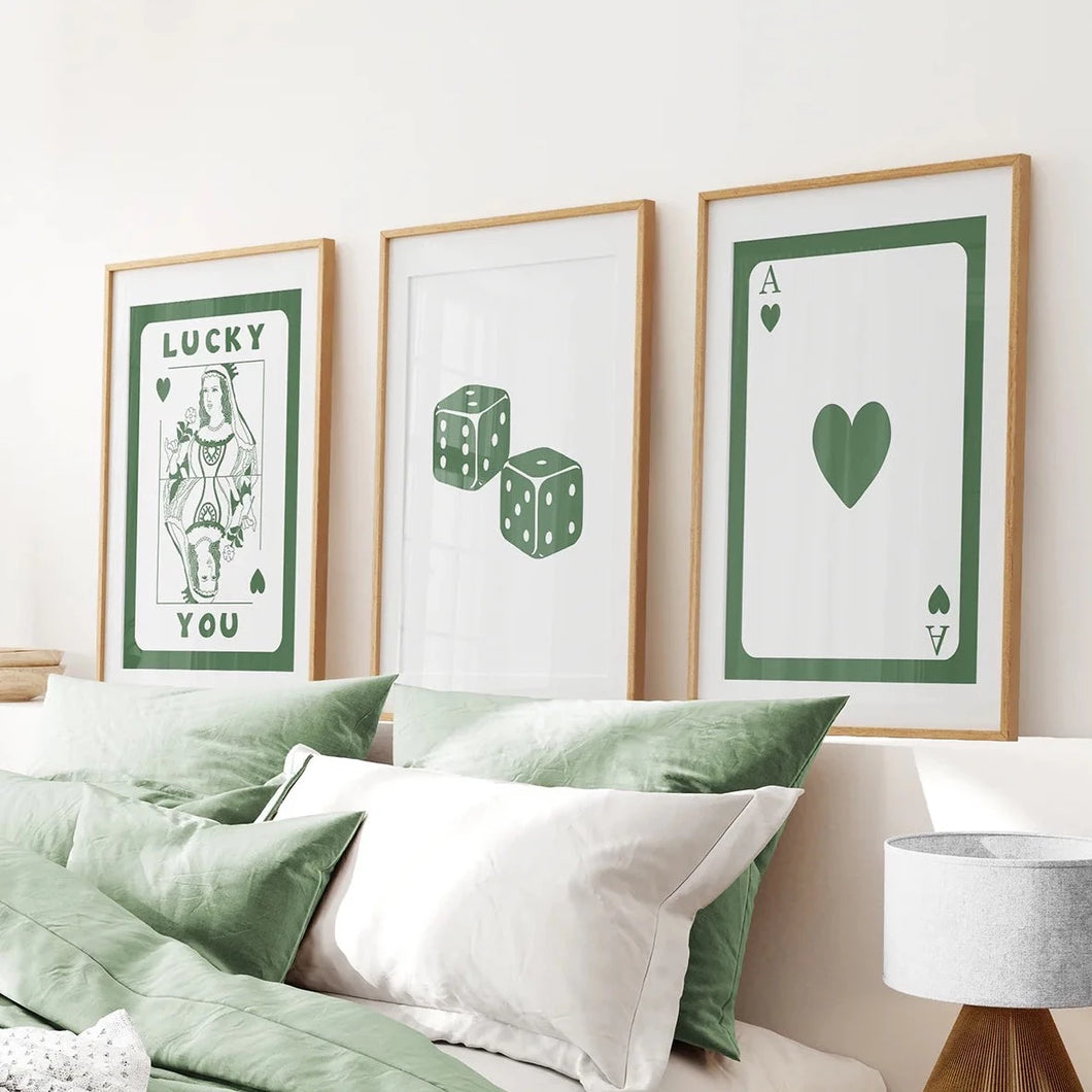 Sage Green Playing Card Set of 3 Prints. Thin Wood Frames with Mat Over the Bed.