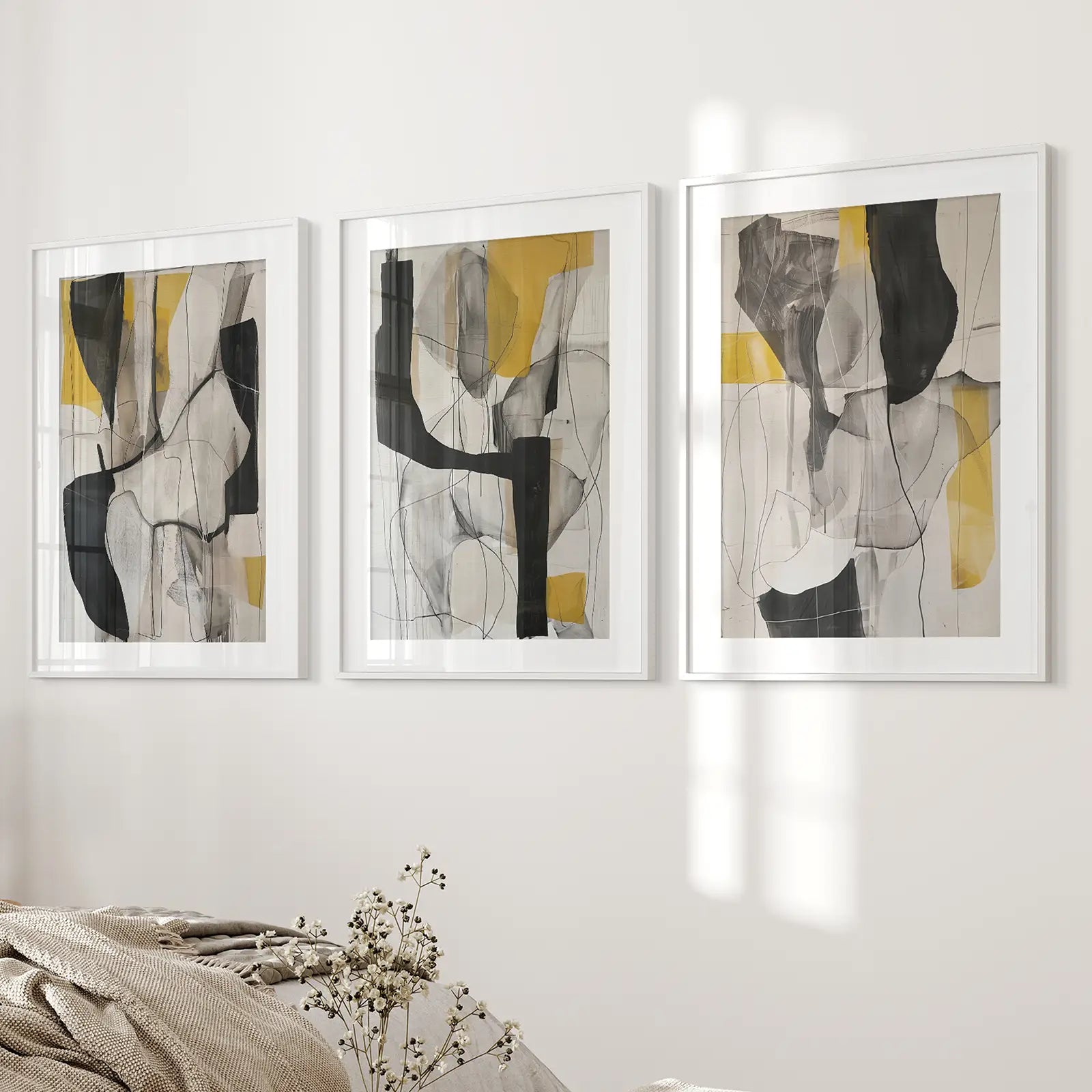 Modern Gold Luxury Wall Art Set Room Decor. White Frames with Mat for Bedroom.