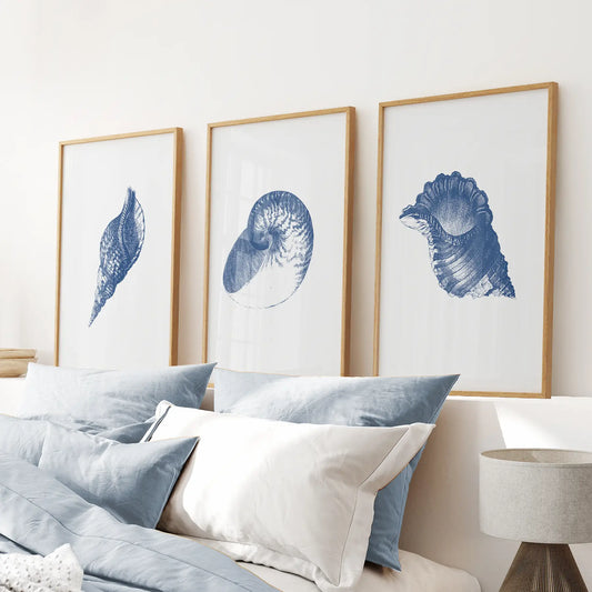 Ocean bathroom art prints. Vintage nautical illustrations. Thinwood frames above the bed.