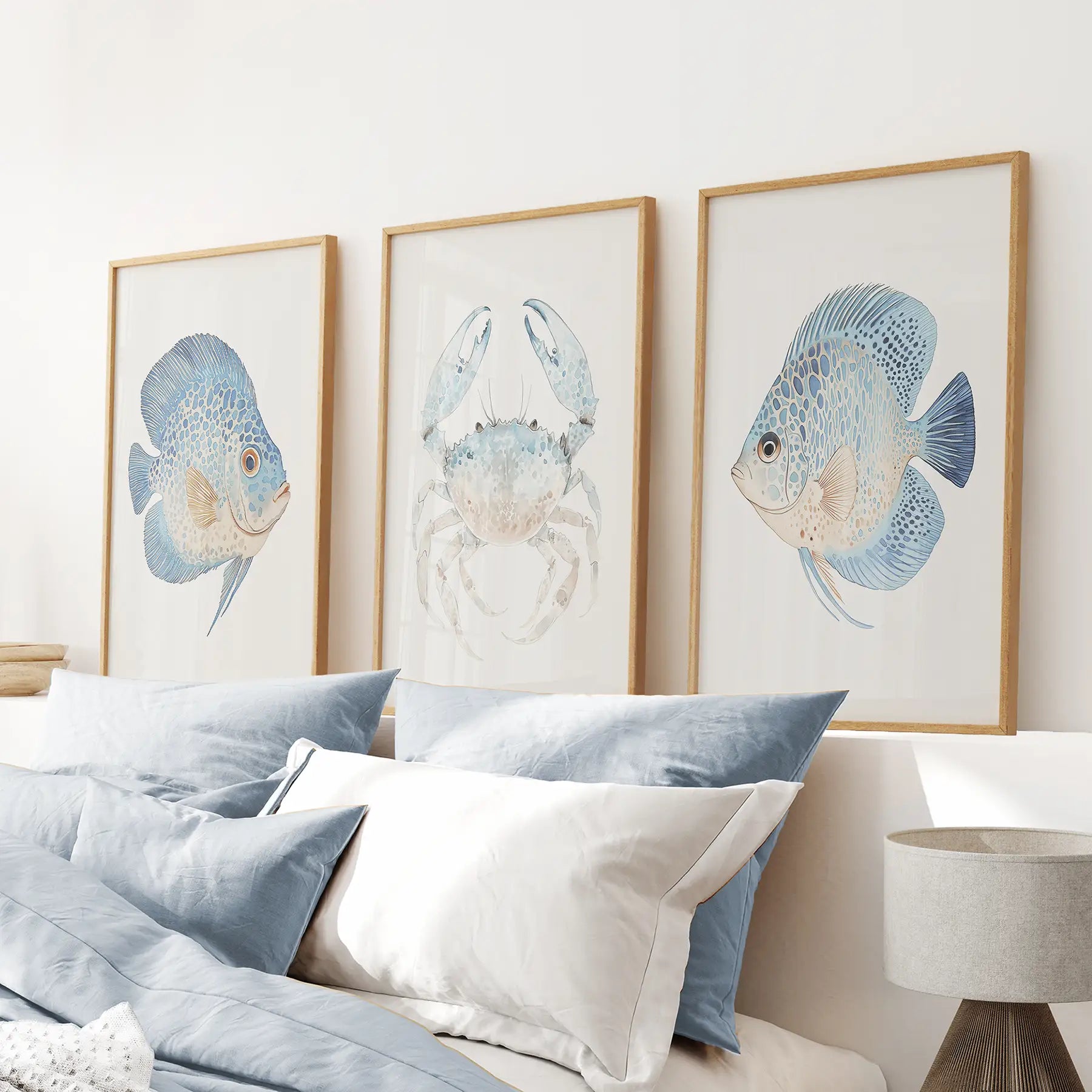 Contemporary beach house 3 piece prints.Modern home decor. Thinwood frames above the bed.