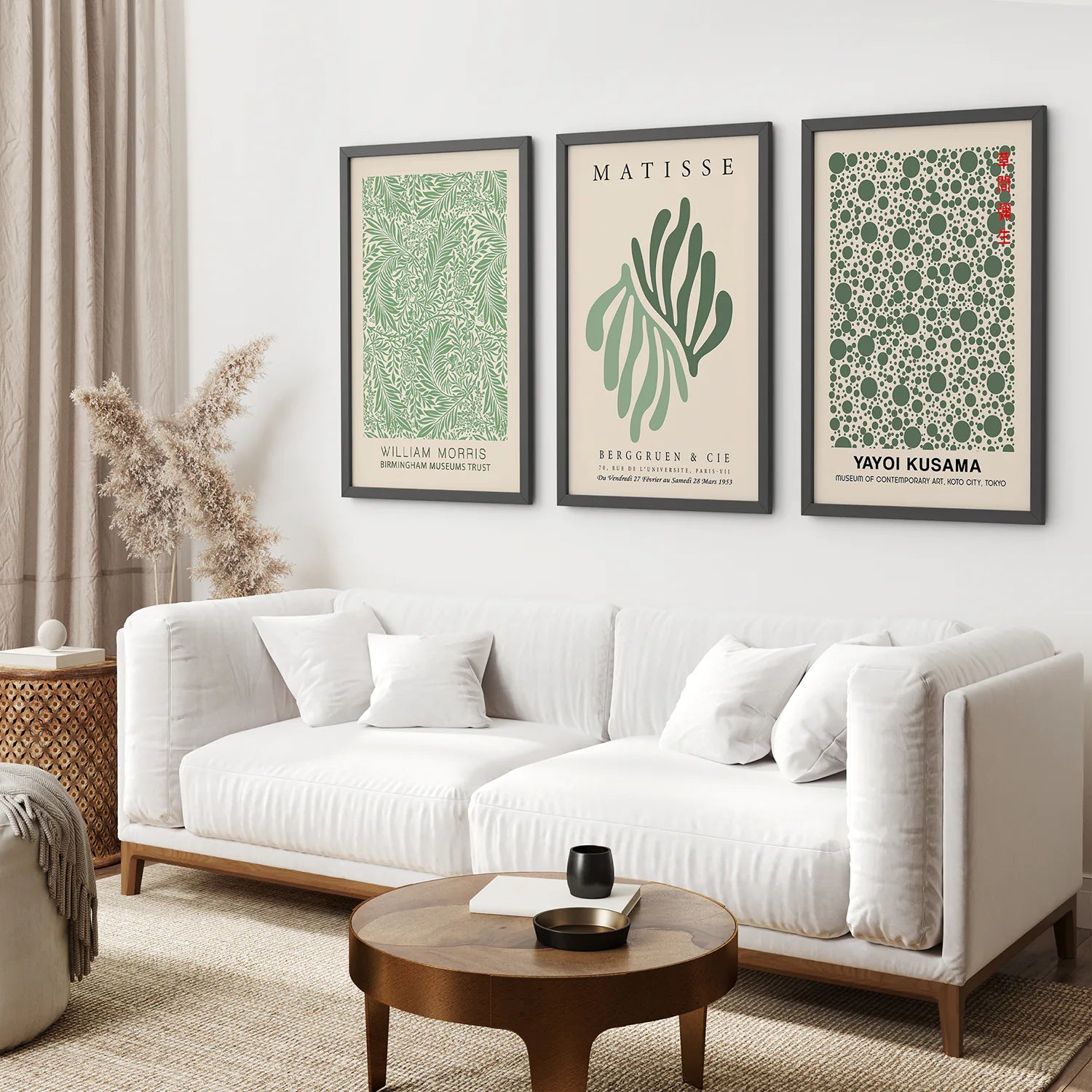 Sage Green Botanical Wall Art Set. Black Frames Above the Sofa.