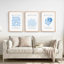 Load image into Gallery viewer, Blue Neutral Prints Bedroom Art Prints Decor. Thinwood Frames with Mat Over the Coach.
