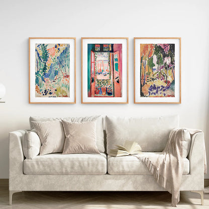 Watercolor Art Decor Set of 3 Prints. Thin Wood Frames with Mat Above the Sofa.