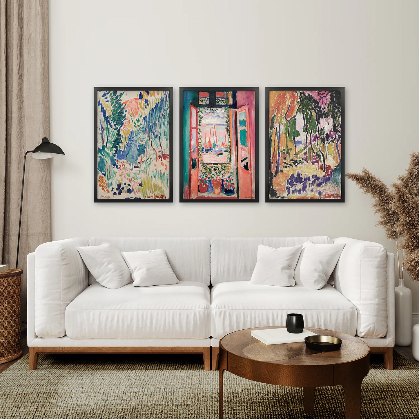 Three Piece Abstract Museum Wall Art Set. Black Frames Above the Sofa.