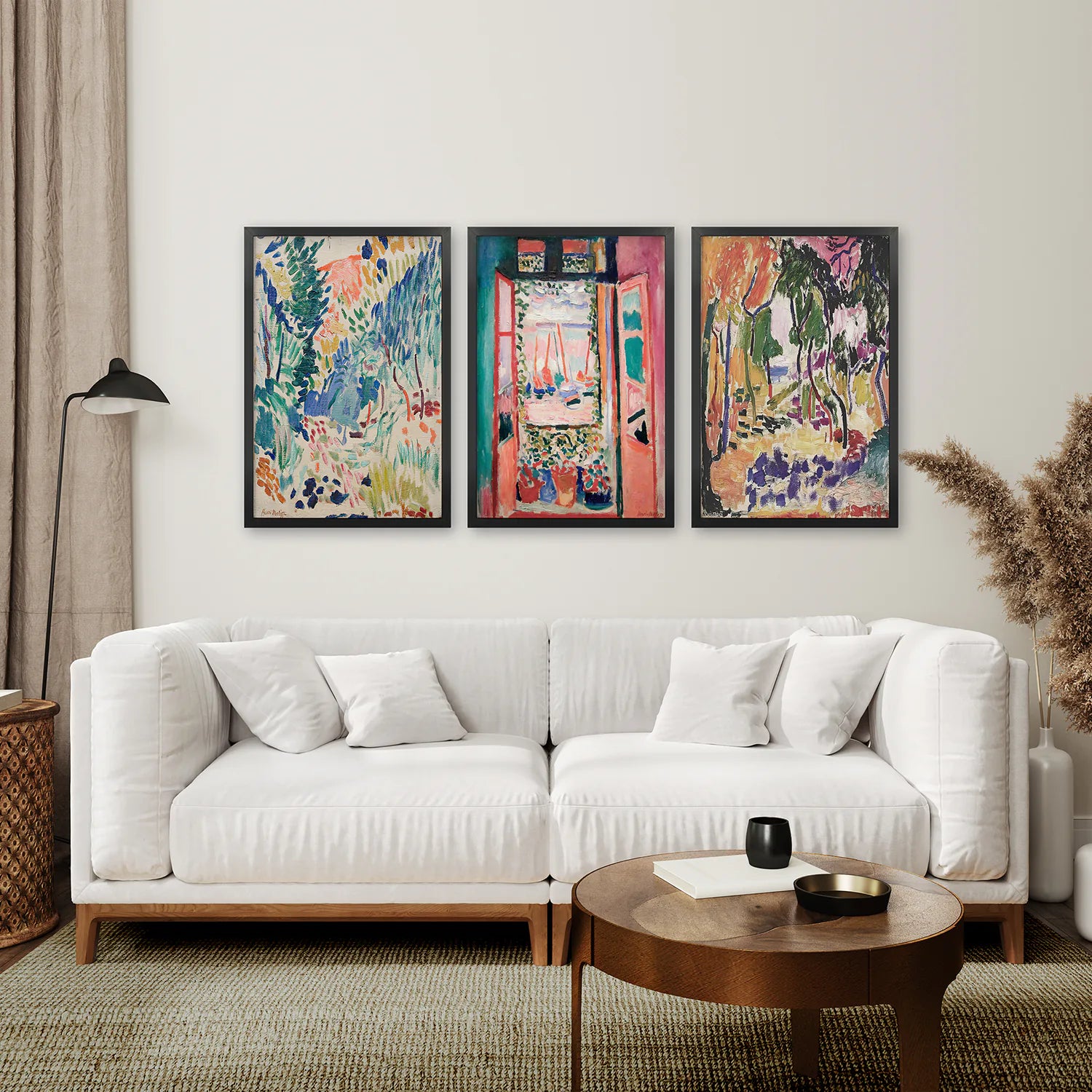 Three Piece Abstract Museum Wall Art Set. Black Frames Above the Sofa.