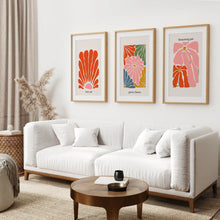 Load image into Gallery viewer, Flower Market Abstract Pink Wall Art Decor. Thinwood Frames with Mat Over the Coach.
