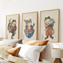 Load image into Gallery viewer, Modern Funny Frog Wall Art Decor Print Set. Thin Wood Frames Over the Bed.
