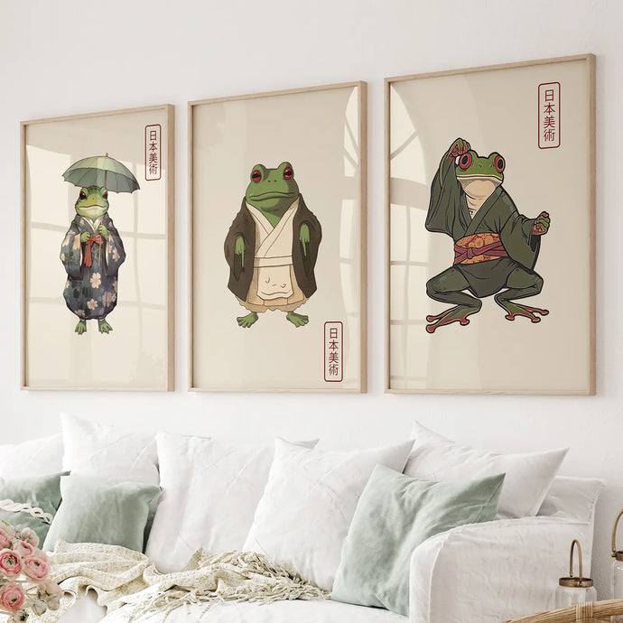 Ukiyoe Frog Posters Print Poster Art Decor. Thinwood Frames Above the Sofa.