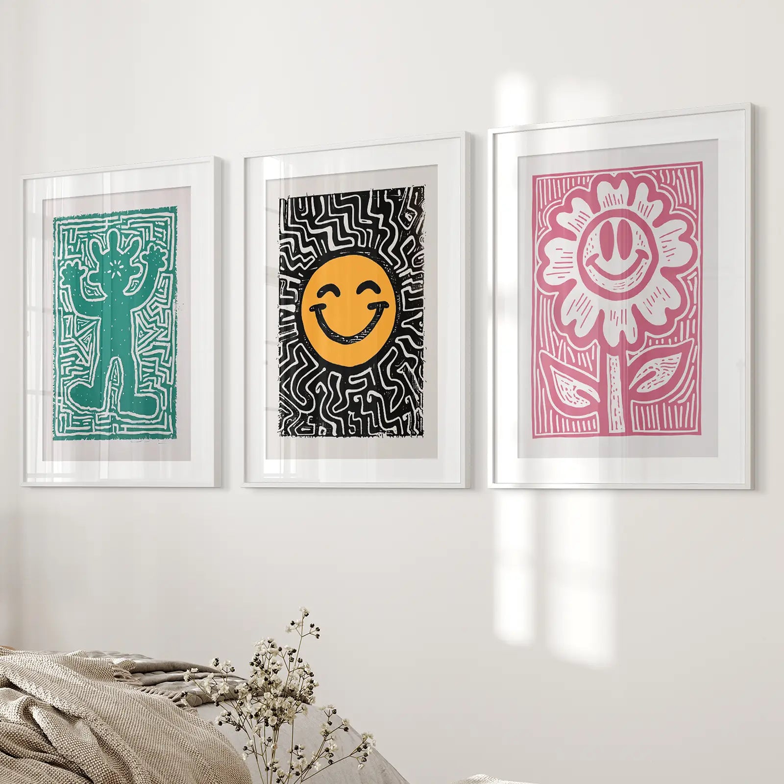 Trendy Pop Art Exhibition Home Decor Set. White Frames with Mat for Bedroom.