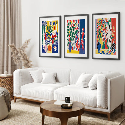 Floral Multicolour Vibrant Art Decor. Black Frames with Mat Over the Coach.