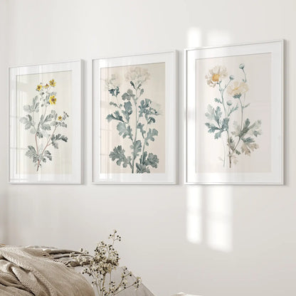 Minimalist Botanical Printable Art Set. White Frames with Mat for Bedroom.