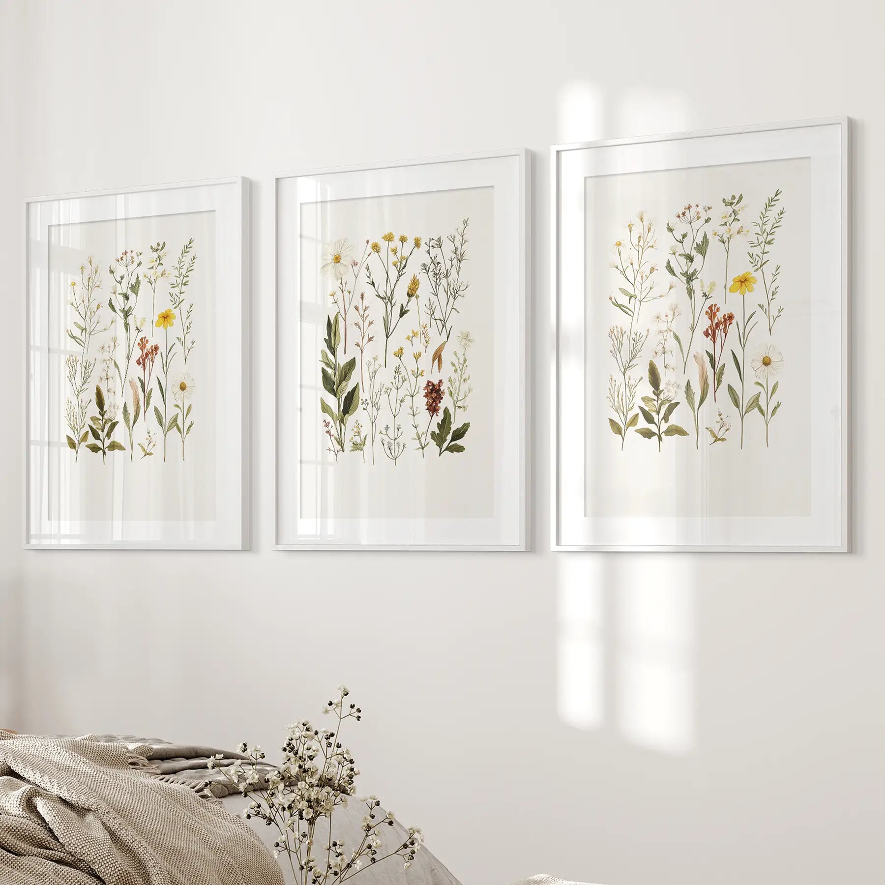 Floral apartment wall decor. New home gift posters. White frames with mat for bedroom.