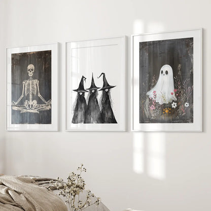 Spooky Season Dark Academia Apartment Decor Posters. White Frames with Mat Above the Bed.