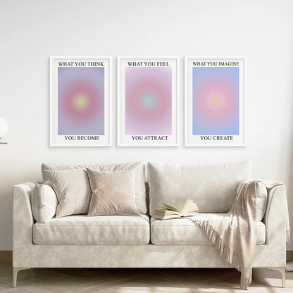 Pastel Color Aura Wall Art Set. White Frames Over the Coach.