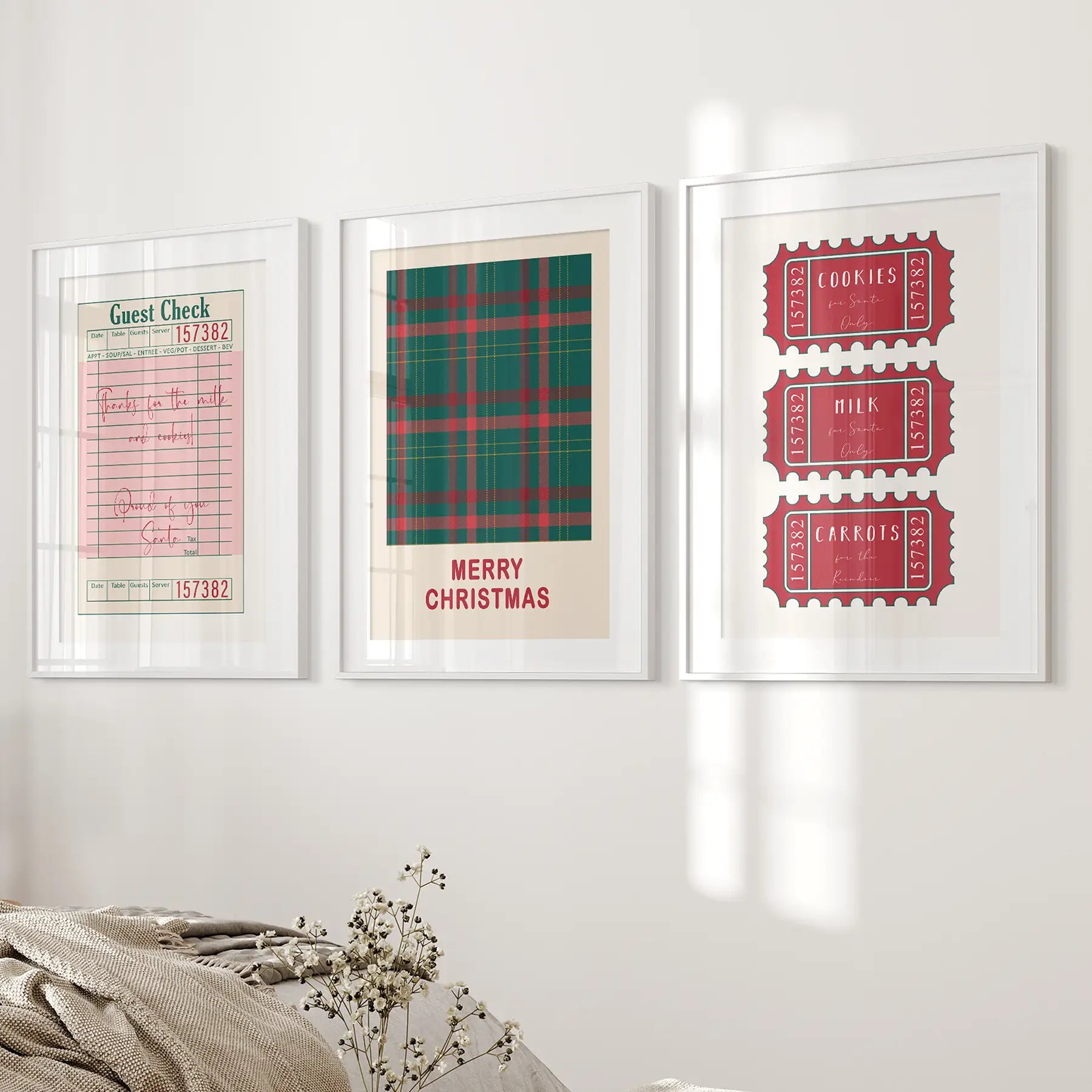 Vintage Christmas kitchen wall art set of 3 piece. Christmas themed wall prints. White frames with mat for bedroom.