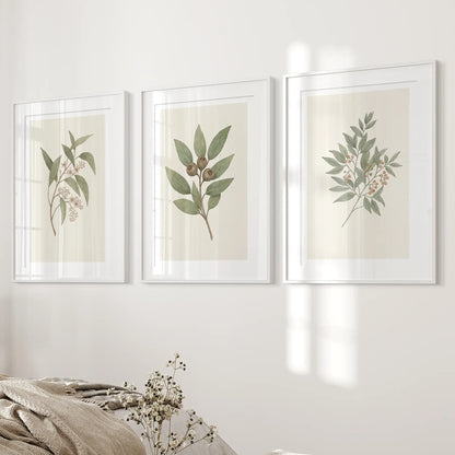 Kitchen Art Prints Botanical Floral Wall Decor Set. White Frames with Mat Above the Bed.