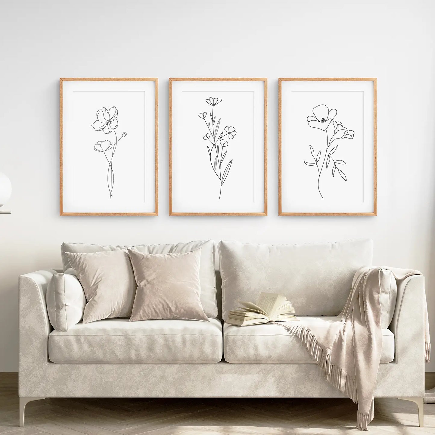 Minimalist Wall Decor Floral Print Trendy Set. Thinwood Frames with Mat Over the Couch.