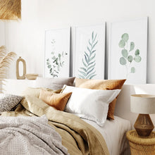 Load image into Gallery viewer, Sage Green Art Watercolor Leaf Modern Wall Art. White Frames for Bedroom.
