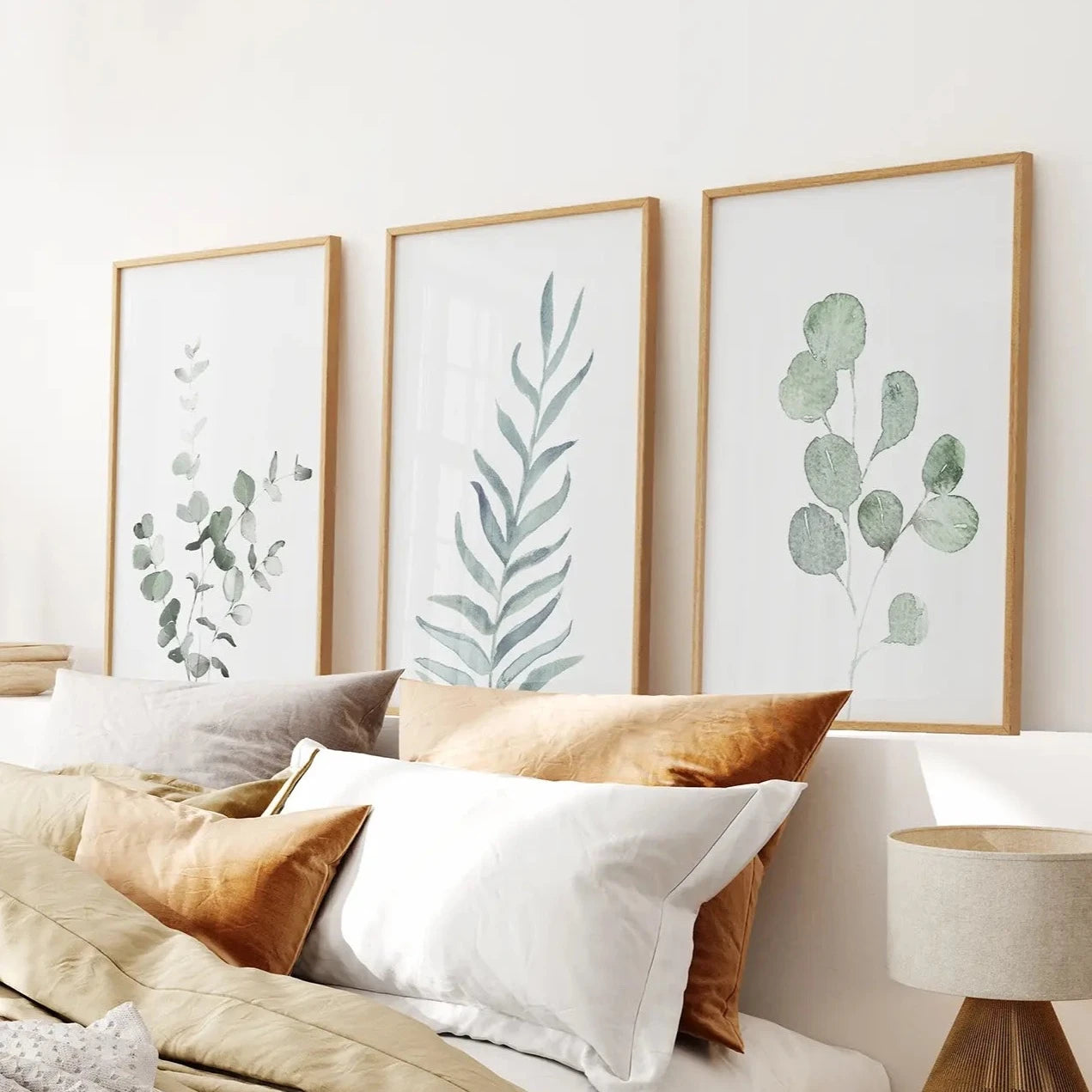 Botanical Large Wall Decor Prints Set. Thinwood Frames Over the Bed.