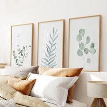 Load image into Gallery viewer, Botanical Large Wall Decor Prints Set. Thinwood Frames Over the Bed.
