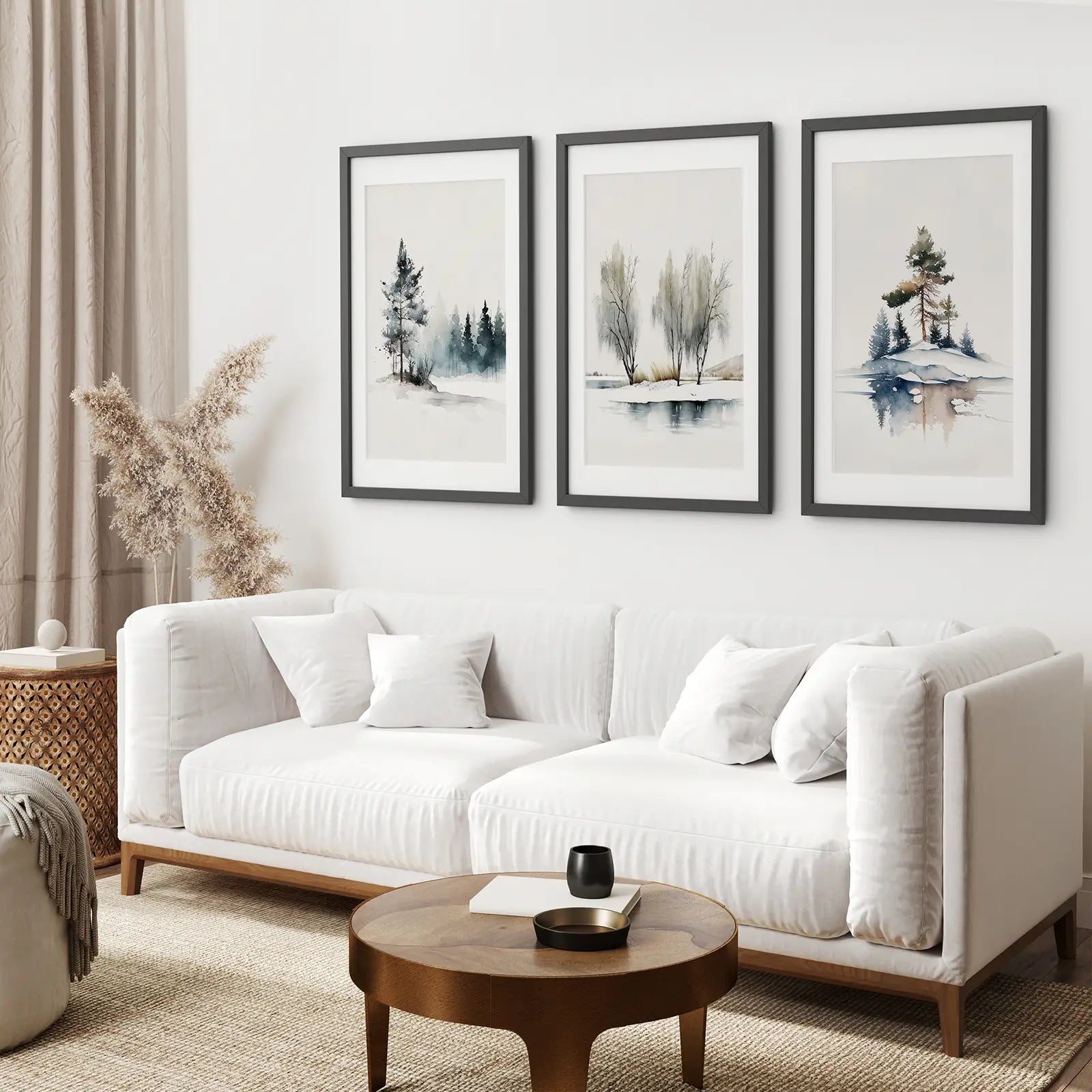 Snowy Forest Watercolor Painting Art Prints. Black Frames with Mat Over the Couch.