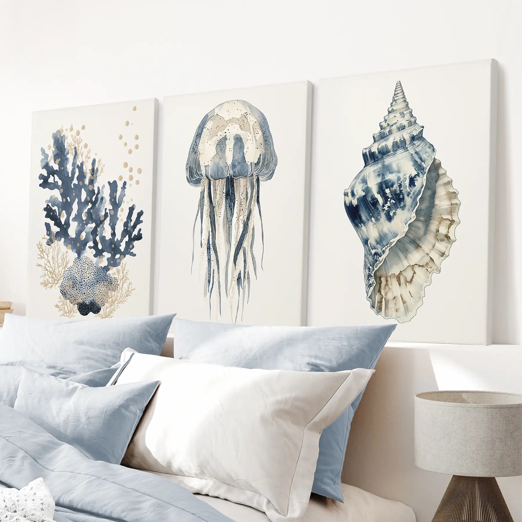 Watercolor  nautical marine wall decor. Beach house bathroom artwork. Wrapped canvas for bedroom.