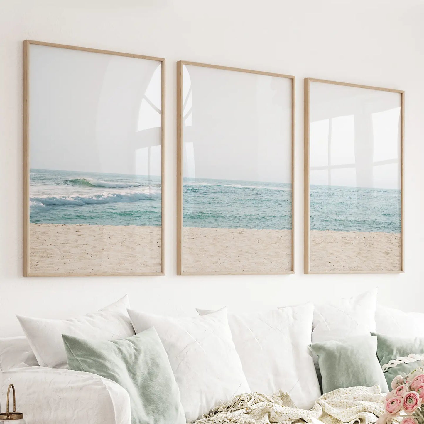 Beige Blue Minimalist Seashore Photo. 3 Piece Wall Art