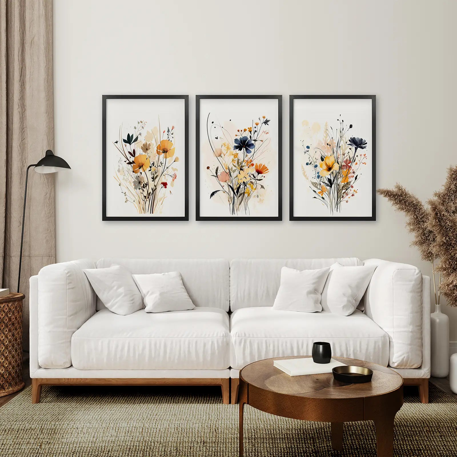 Wildflower Floral Large Prints Set. Black Frames Above the Sofa.