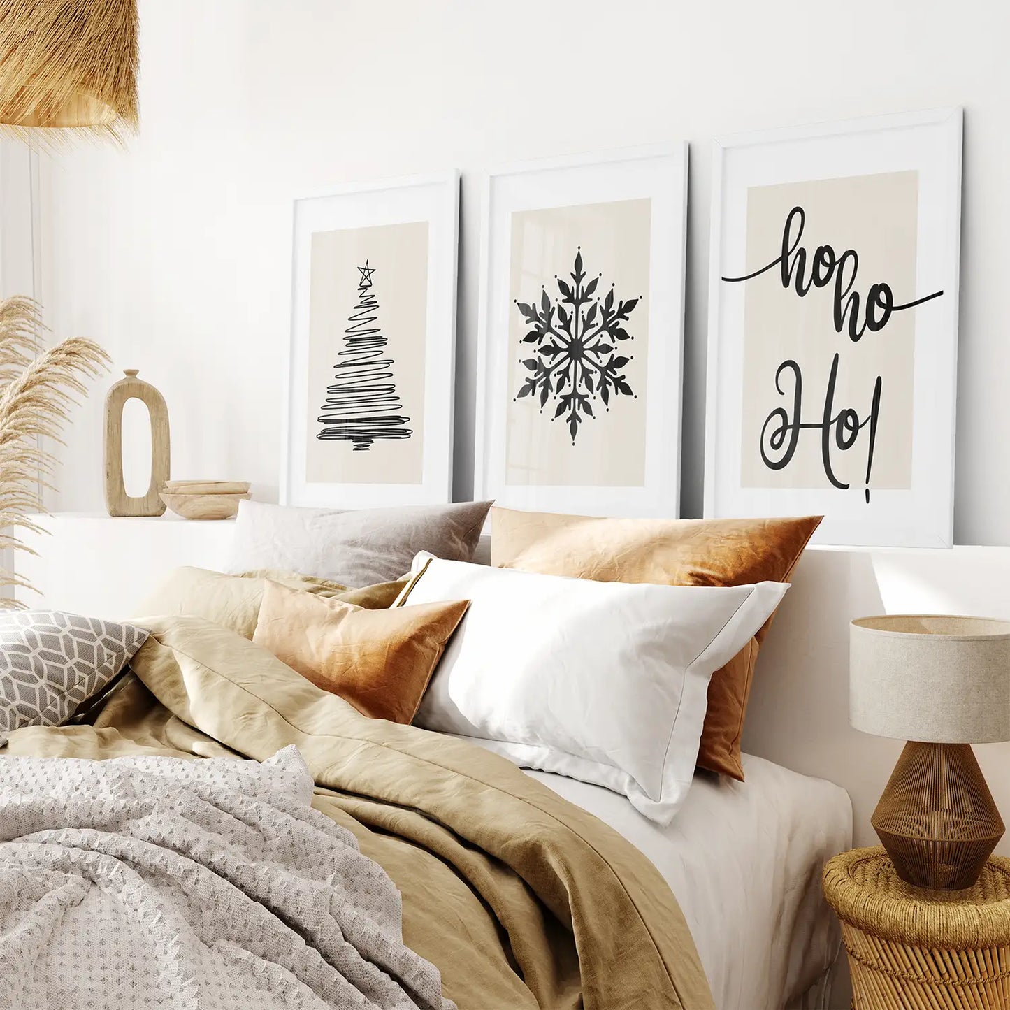 Farmhouse Christmas Print Poster Art. White Frames for Bedroom.