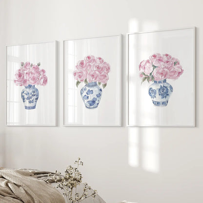 China Porcelain Vase Art Decor Modern Wall Prints. White Frames Above the Bed.