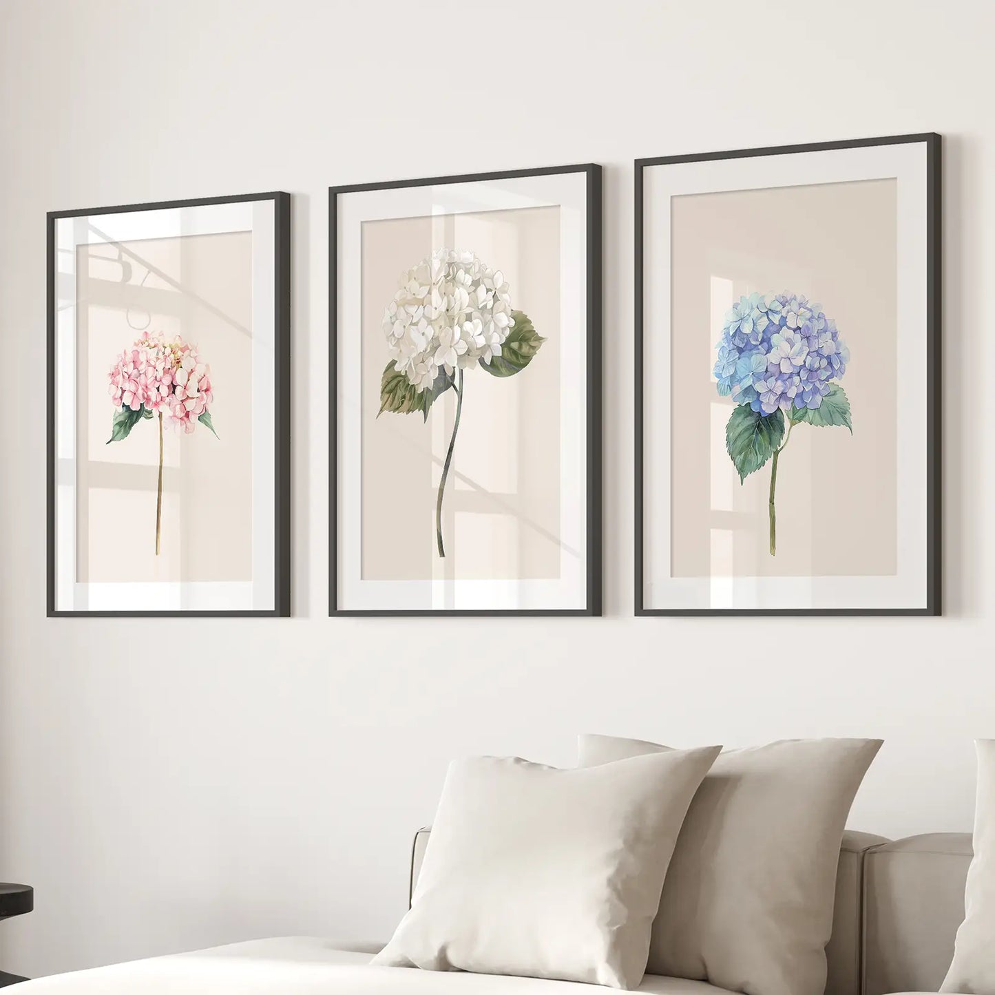 Watercolor Hydrangea Botanical Trendy Wall Art Prints. Black Frames with Mat Above the Sofa.