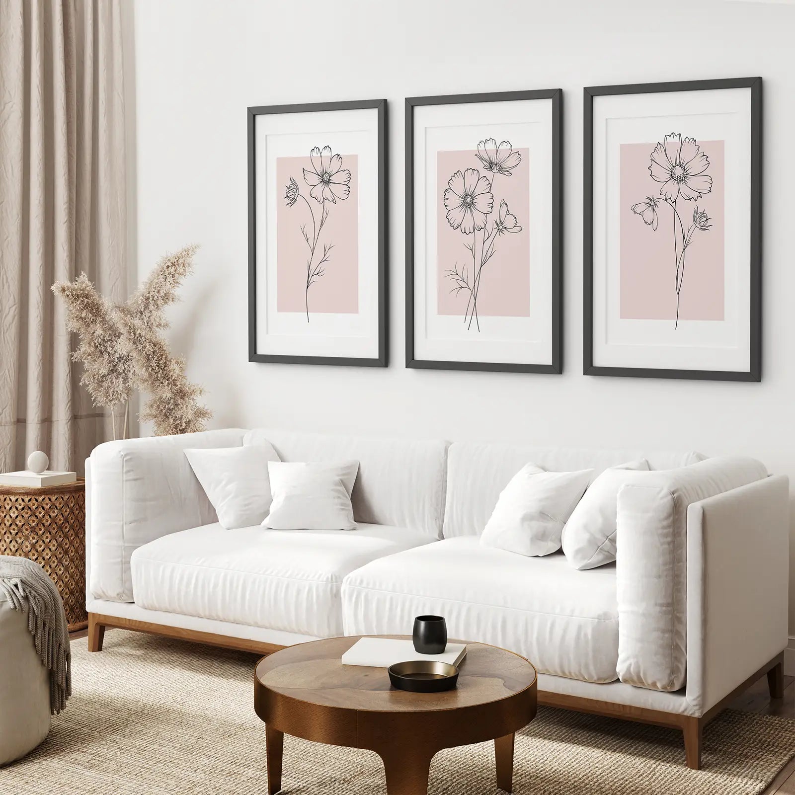 Pink Home Decor Printable Wall Art. Black Frames with Mat Above the Sofa.