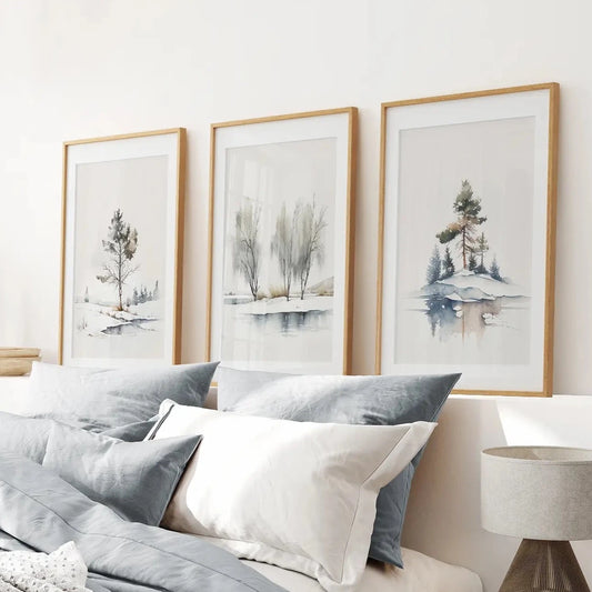 Nature Landscape Watercolor Art Decor Set. Thin Wood Frames with Mat Over the Bed.