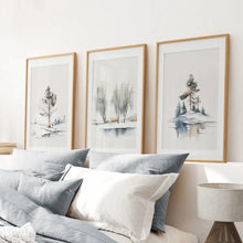 Load image into Gallery viewer, Nature Landscape Watercolor Art Decor Set. Thin Wood Frames with Mat Over the Bed.
